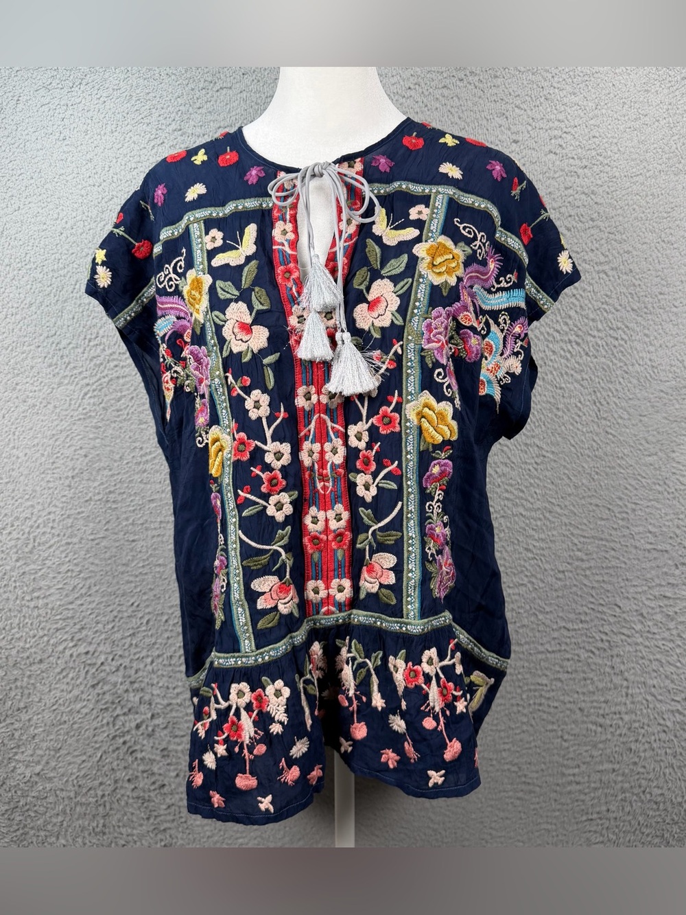 Johnny Was Top Womens Large Blue Embroidered Floral Neck Front Tie Boho Peasant